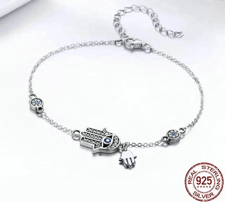 LUX Fatima Hand Lucky Chain Link Bracelet Blue Evil Eye Lobster Clasp Adjustable Hamsa Chain