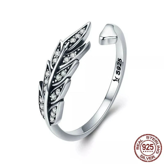 LUX Hot Sale Authentic Sterling Silver Feather Wings Adjustable Finger Ring