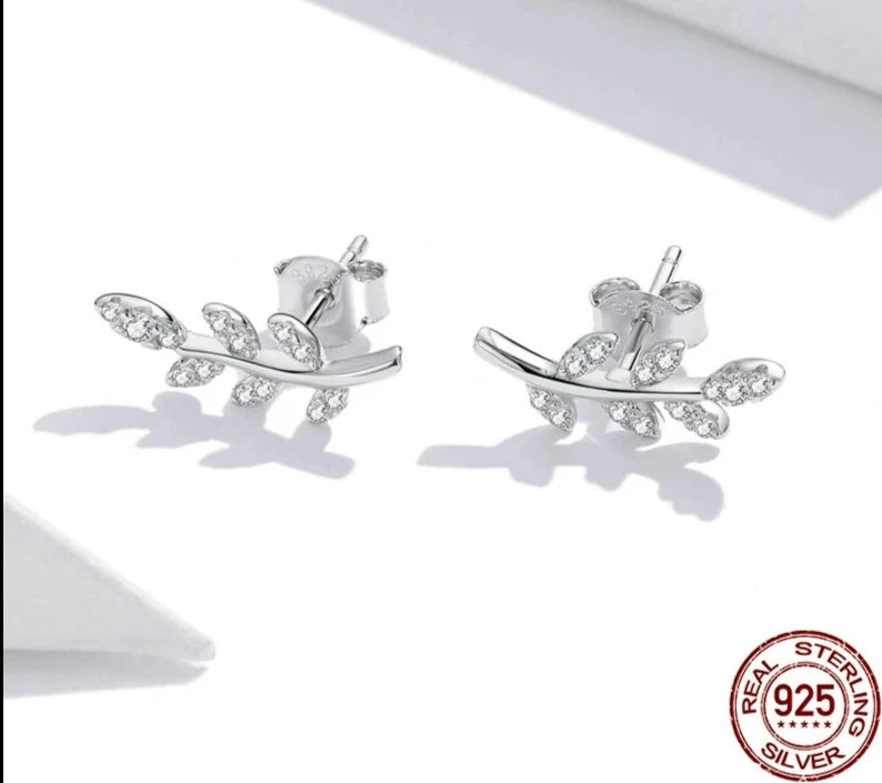 LUX Sterling Silver Spring Leaf Leaves Clear CZ Zircon Stud Earrings