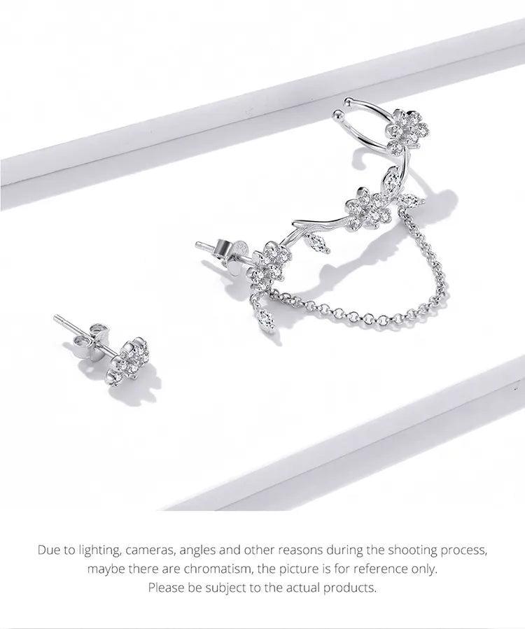 LUX Silver Blossoming Flowers Earring Sterling Silver Asymmetric Clear CZ Earring