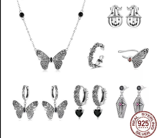 LUX Silver Dark Butterfly Ear Buckle Dark Night Rose Vampire Mysterious Cross Drop Earrings