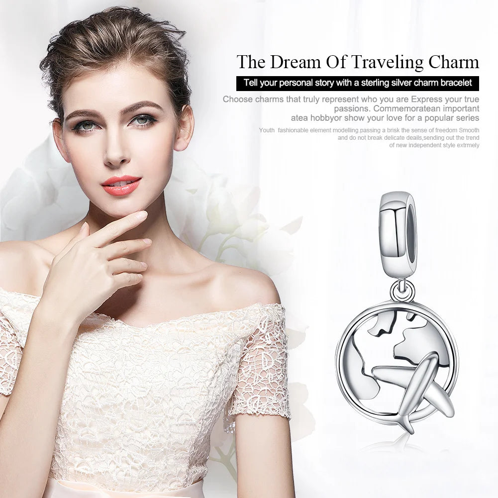 LUX Authentic Sterling Silver Traveling Dream Map&Plane Charm Beads Fit Charm Bracelets