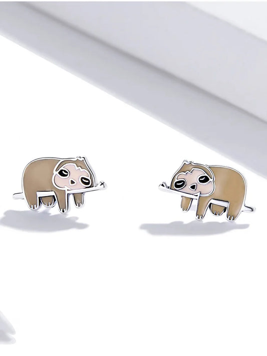 LUX Enamel Cartoon Earrings Sterling Silver Cute Little Sloth Stud Earrings