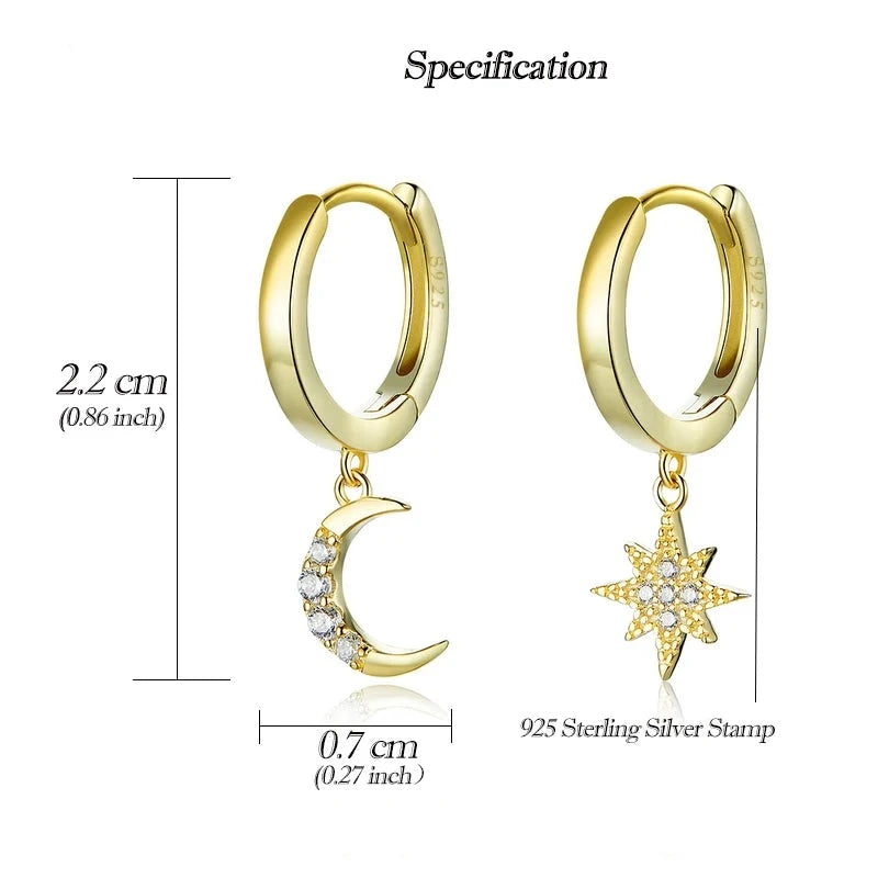 LUX silver Moon and Star Dangle Earrings with Charm, Plated In Gold