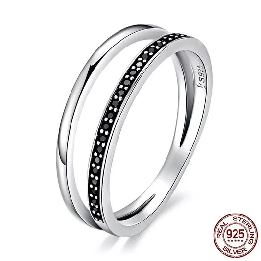 LUX Silver Double Circle Black Finger Ring for Women