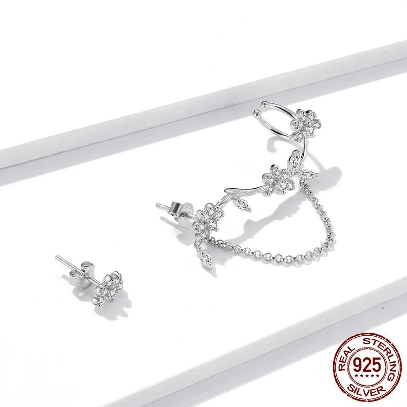 LUX Silver Blossoming Flowers Earring Sterling Silver Asymmetric Clear CZ Earring