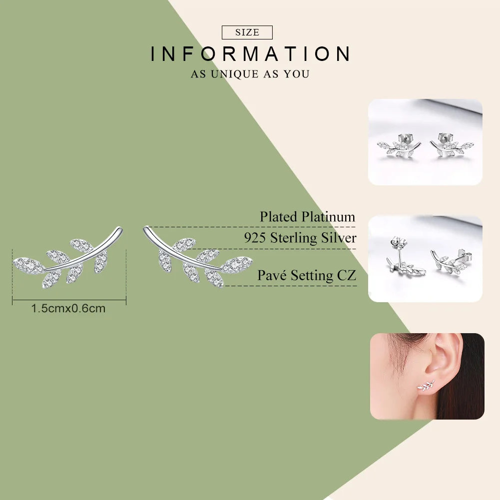 LUX Sterling Silver Spring Leaf Leaves Clear CZ Zircon Stud Earrings