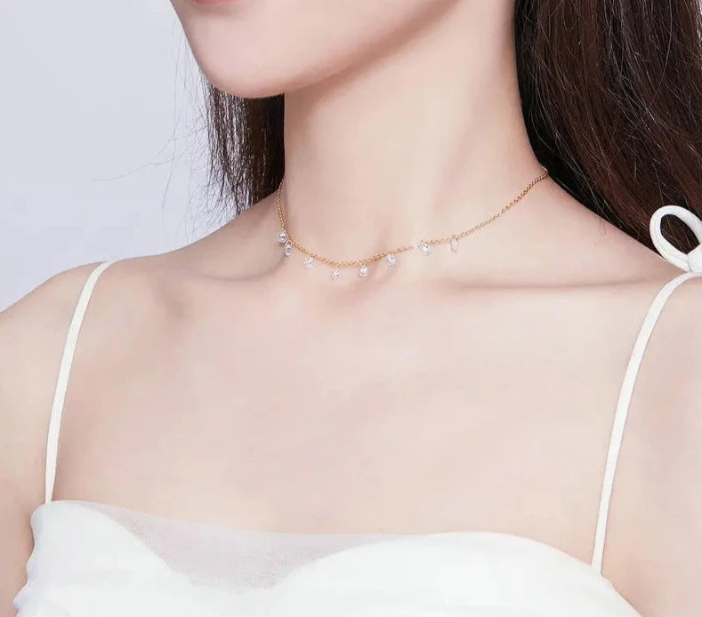 LUX Sterling Silver 14K Gold Plated Dainty Chain Choker 5A Cubic Zirconia Pendant Necklace