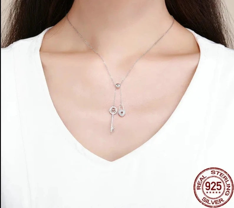 LUX Sterling Silver Key of Heart Lock Chain Pendant Necklaces