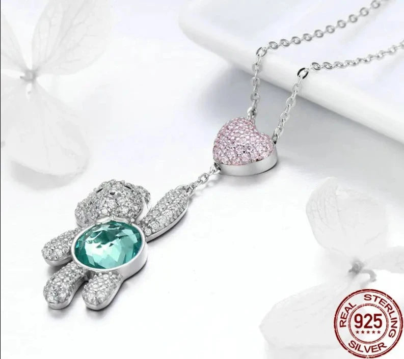 LUX Sterling Silver Pink CZ Heart And Cute Bear Animal Pendant Necklace