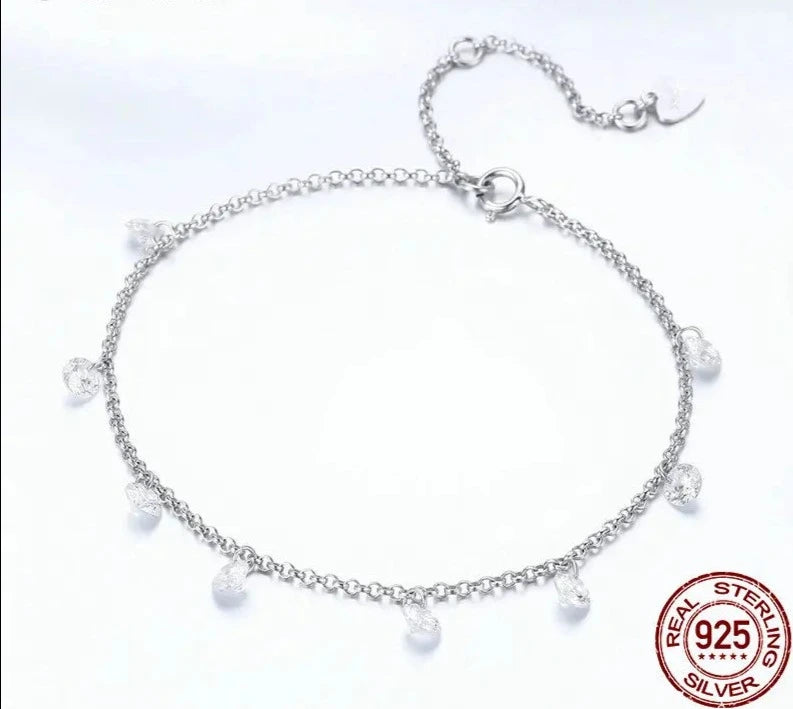 LUX Sterling Silver Simple Geometric Crystal CZ Link Chain Bracelets & Bangles