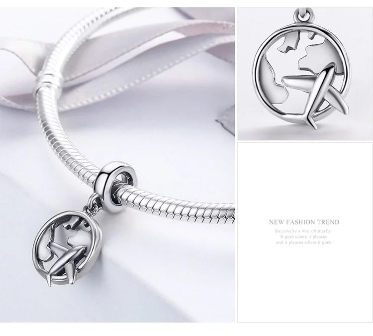 LUX Authentic Sterling Silver Traveling Dream Map&Plane Charm Beads Fit Charm Bracelets