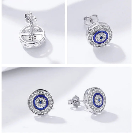 LUX Sterling Silver Blue Zircon Evil Eye Lucky Eye Round Stud Earrings