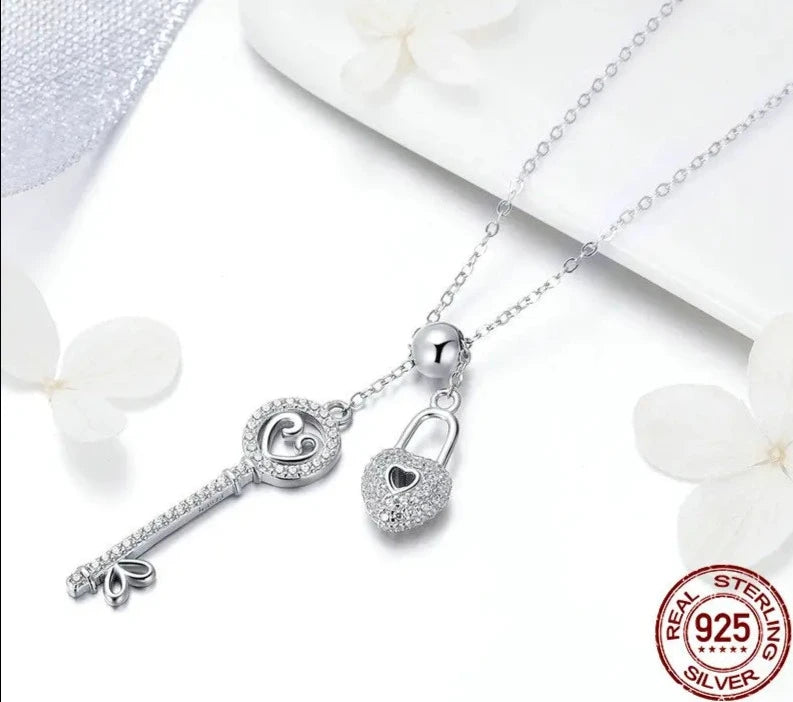 LUX Sterling Silver Key of Heart Lock Chain Pendant Necklaces