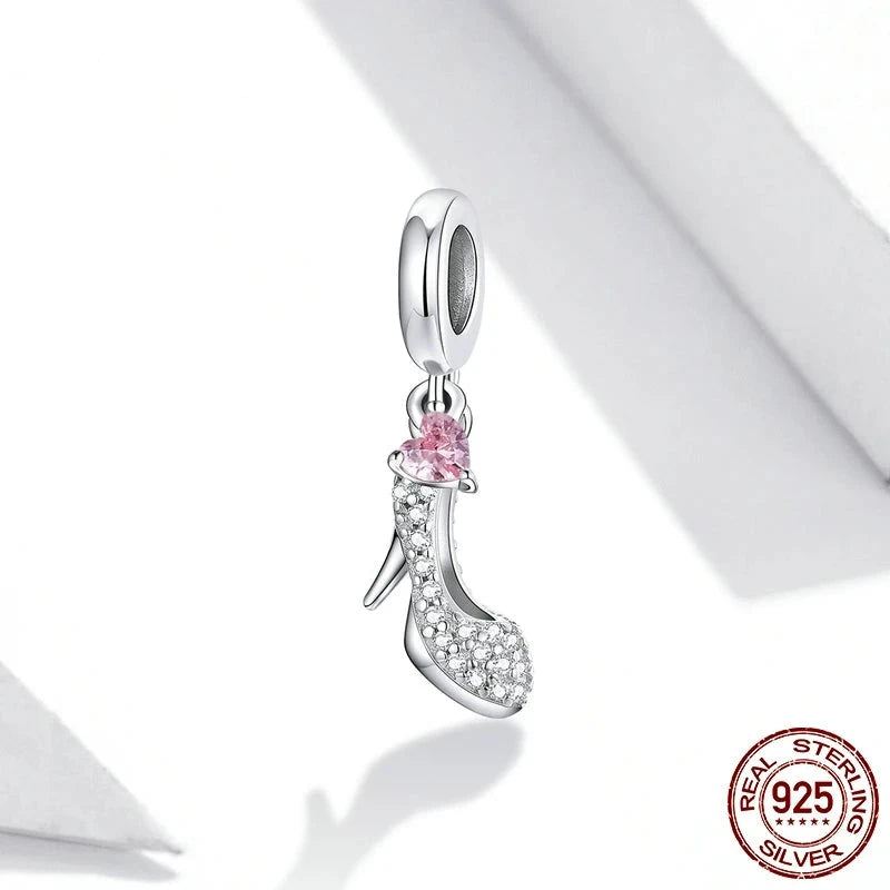 LUX Shiny Glass Slipper Heels Pink Heart  Zircon Pendant Charm fit Original  Bracelet