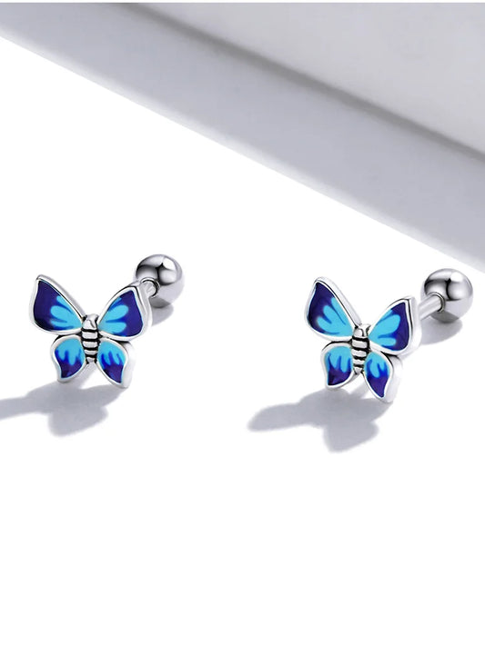 LUX Sterling Silver Blue Enamel Piercing Earrings Elegant Hypoallergenic Butterfly Earrings