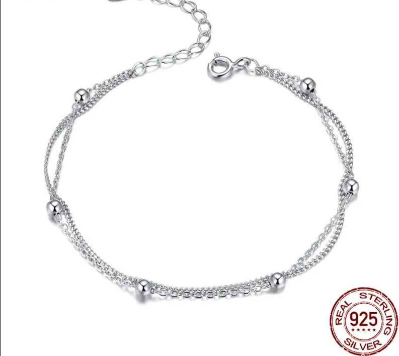 LUX Silver Chain Bracelet Double Layers Round Beads Link Chain Bracelets