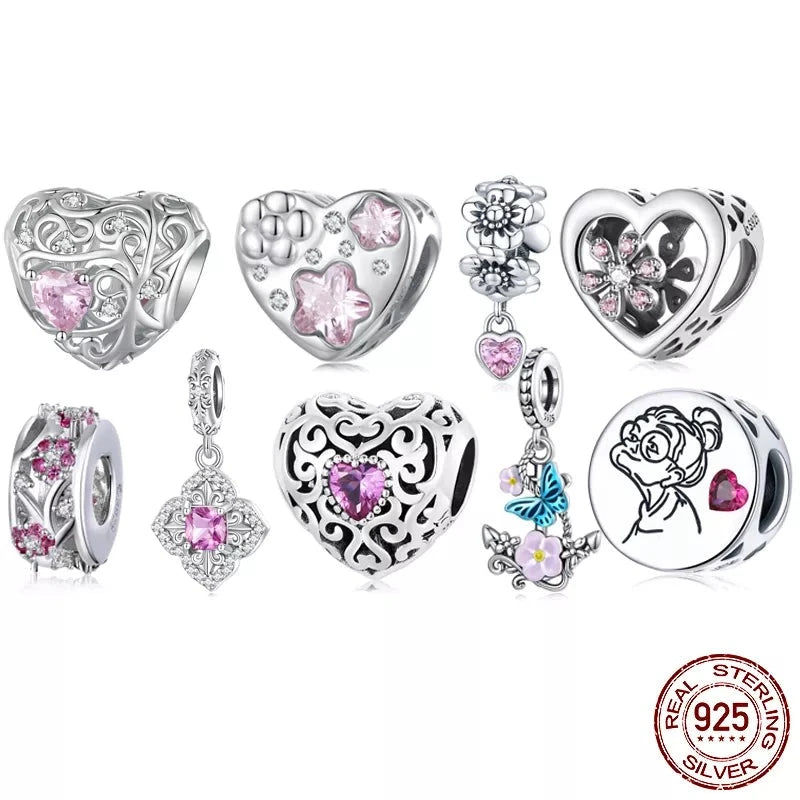 LUX Silver Pink Zircon Love Bead Vine Hollow-out Heart Charm for Women Bracelet and Bangle