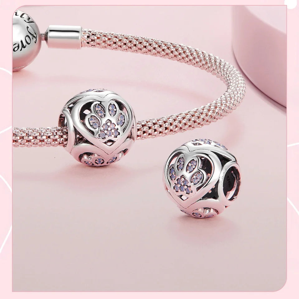 LUX Sterling Silver Cute Cat Beads Paw Print Pendant Charms