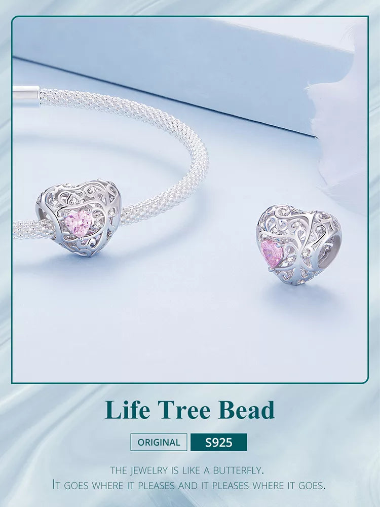 LUX Silver Pink Zircon Love Bead Vine Hollow-out Heart Charm for Women Bracelet and Bangle