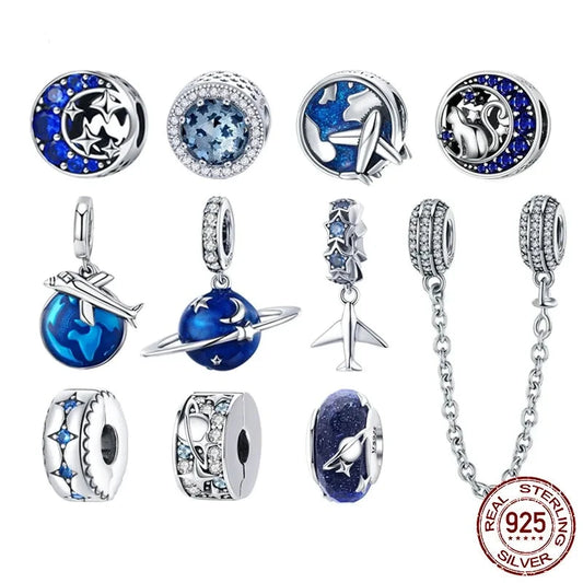 LUX Sterling Silver Universe Series Star & Moon Beads Blue Planet Pendant Charms for Women