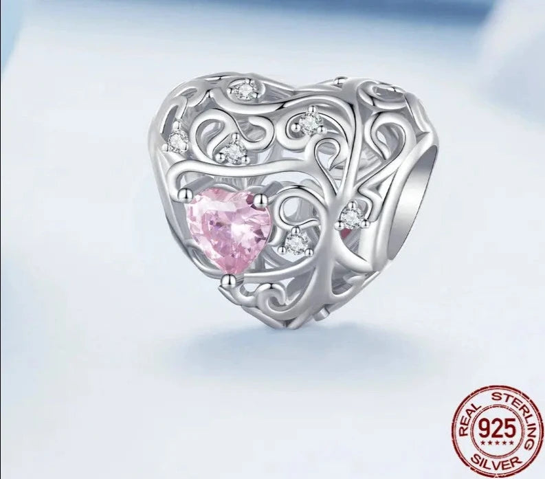 LUX Silver Pink Zircon Love Bead Vine Hollow-out Heart Charm for Women Bracelet and Bangle