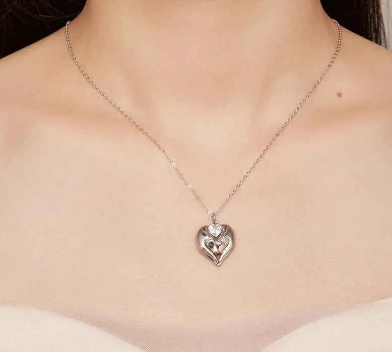 LUX Hand and Baby Footprint Pendant Necklace Heart Shape Zircon Neck Chain