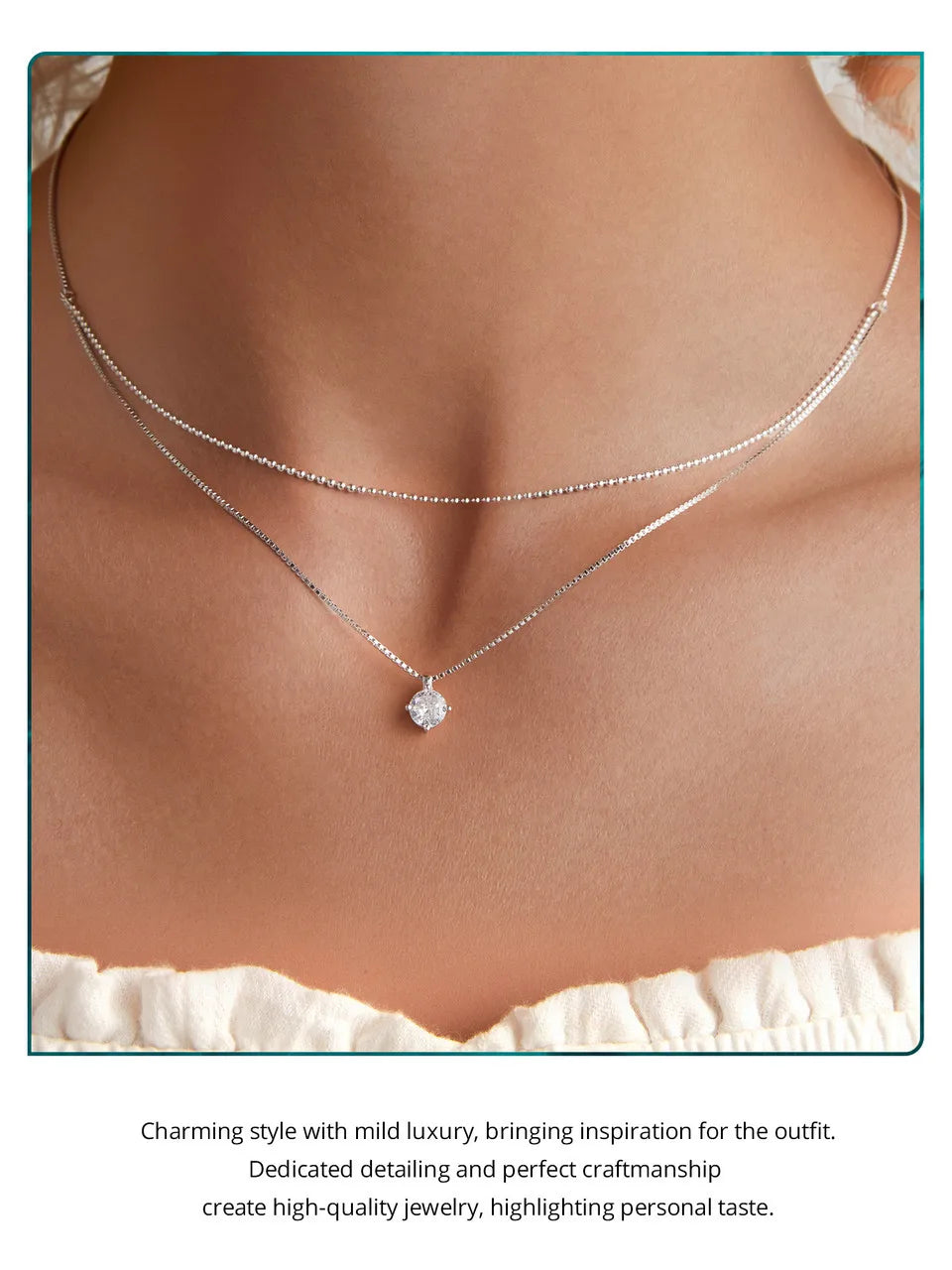 LUX Sterling Silver Shining Zircon Pendant Necklace Double Layer Neck Chain for Women