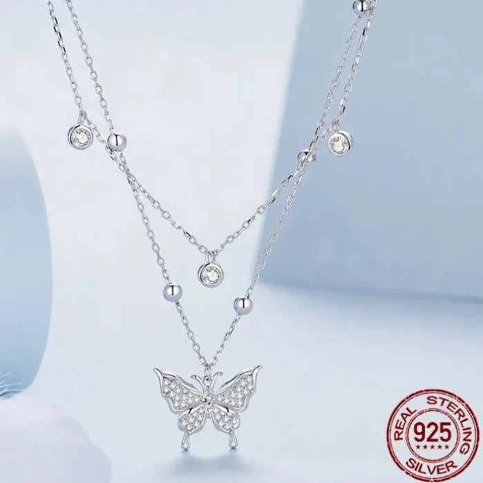 LUX Sterling Silver Double-Layer Tassel Butterfly Pendant Necklace