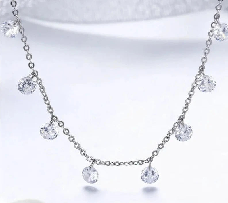 LUX Sterling Silver 14K Gold Plated Dainty Chain Choker 5A Cubic Zirconia Pendant Necklace