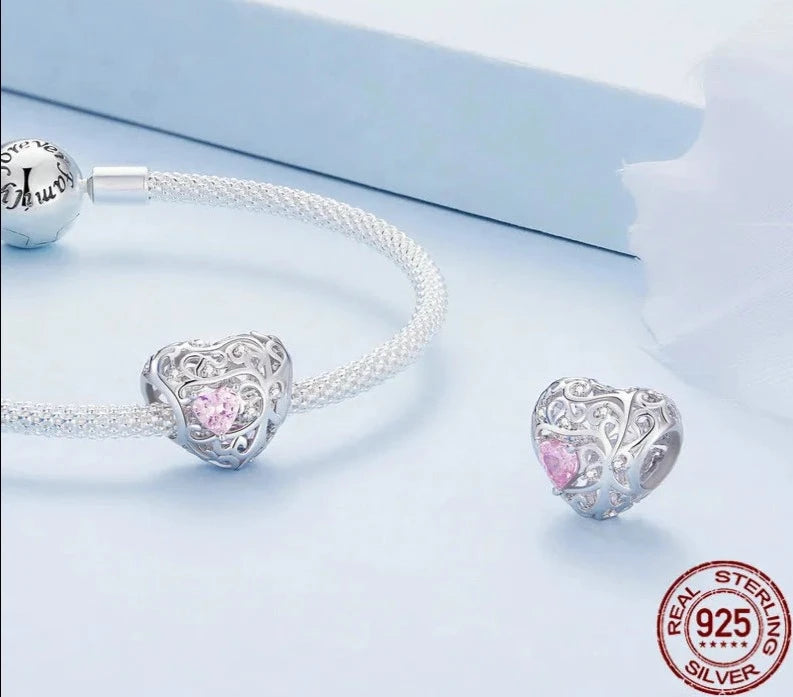 LUX Silver Pink Zircon Love Bead Vine Hollow-out Heart Charm for Women Bracelet and Bangle