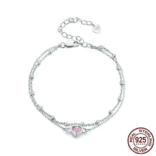 LUX Silver Double Layer Bracelet Barbie Pink Heart Adjustable Chain Link for Women