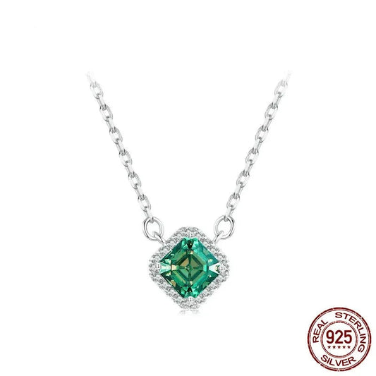 LUX Square Green Moissanite Pendant Necklace 18K White Gold Plated