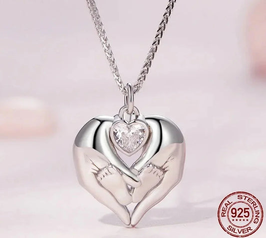 LUX Hand and Baby Footprint Pendant Necklace Heart Shape Zircon Neck Chain