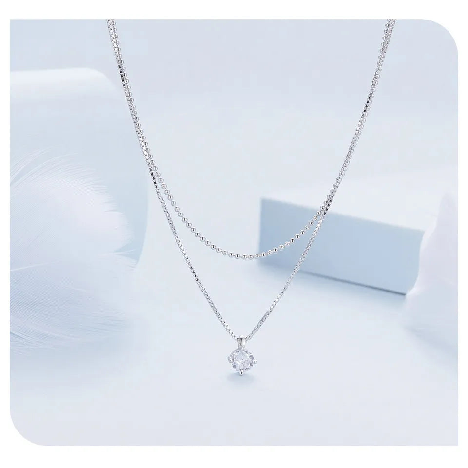 LUX Sterling Silver Shining Zircon Pendant Necklace Double Layer Neck Chain for Women