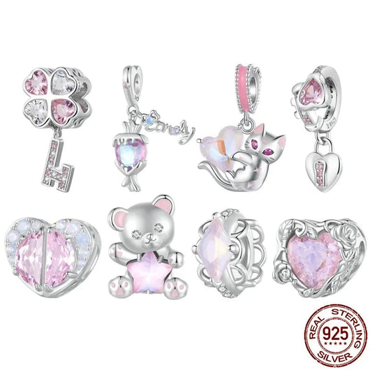 LUX Sterling Silver Pink Star Bear Charms Couple Hearts Beads for Women