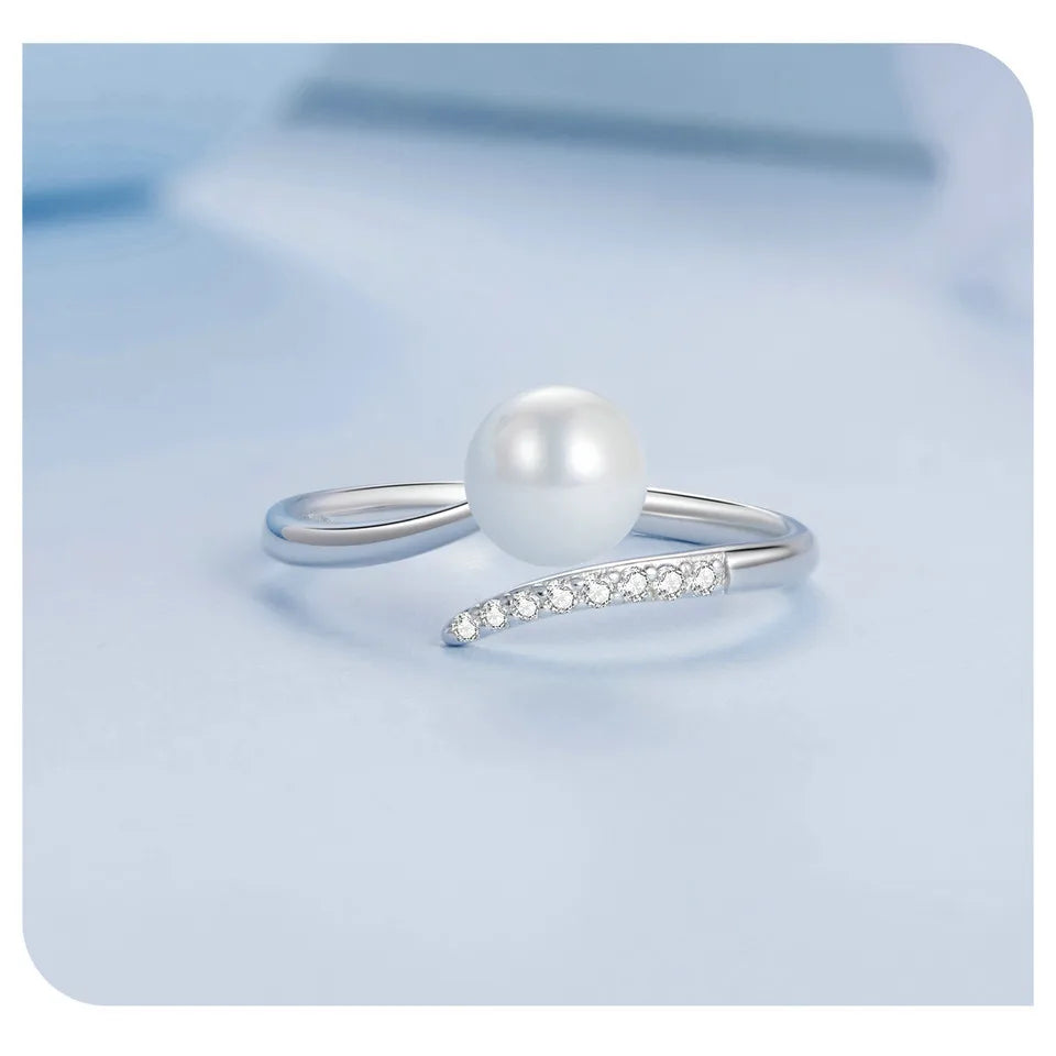 LUX Sterling Silver Quality Shell Pearl Opening Ring Zircon Adjustable Ring