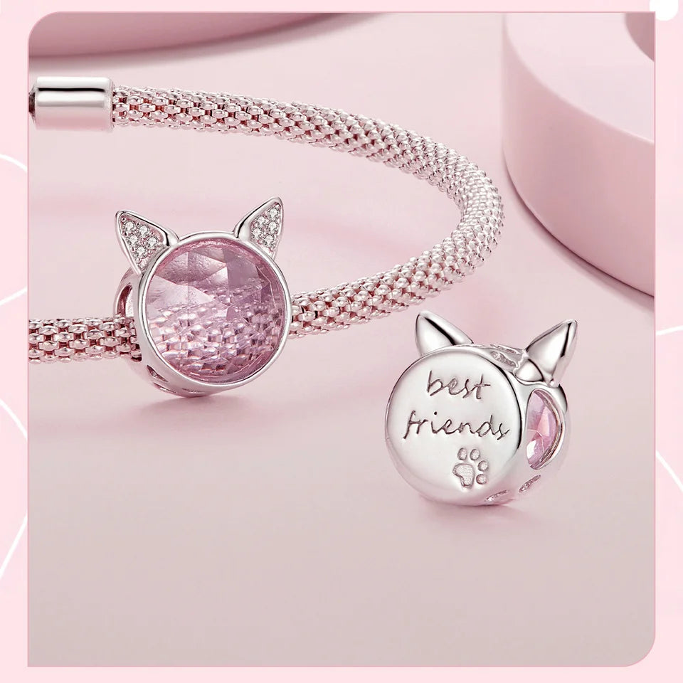 LUX Sterling Silver Cute Cat Beads Paw Print Pendant Charms