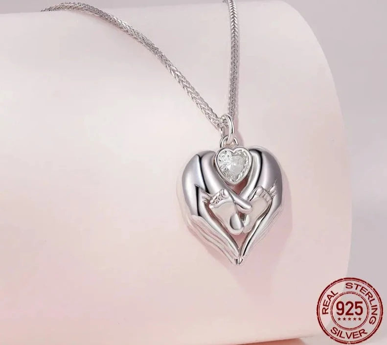 LUX Hand and Baby Footprint Pendant Necklace Heart Shape Zircon Neck Chain