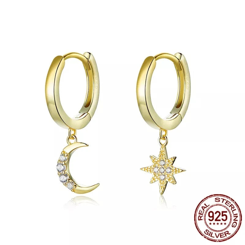 LUX silver Moon and Star Dangle Earrings with Charm, Plated In Gold